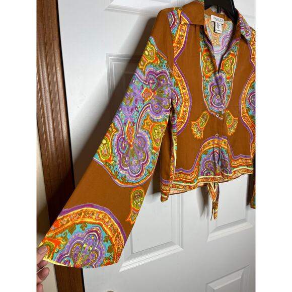 Rachel Zoe XS V Neck Goldish Brown Purple Geometric Print Blouse - Picture 2 of 7